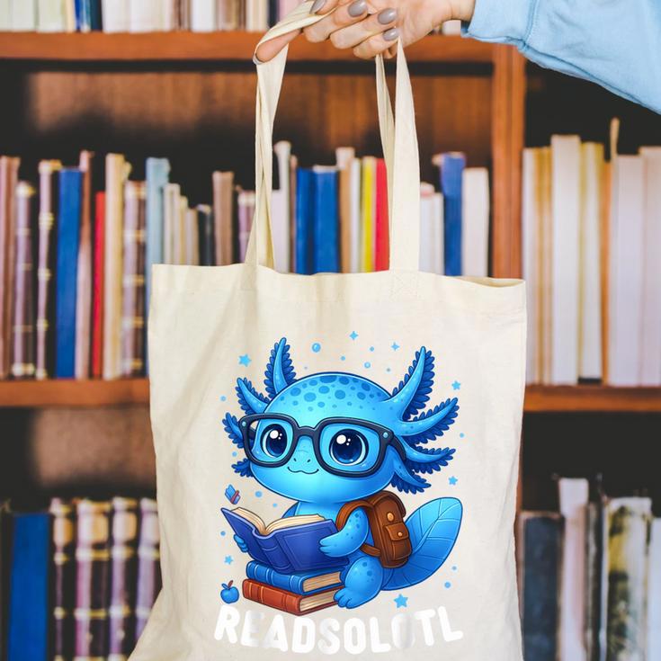 Readsolotl Blue Kawaii Axolotl Book Lover Reading Canvas Tote Bag