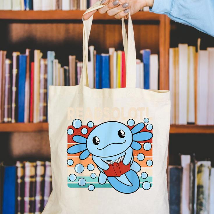 Readsolotl Blue Kawaii Axolotl Book Lover Reading Retro Canvas Tote Bag