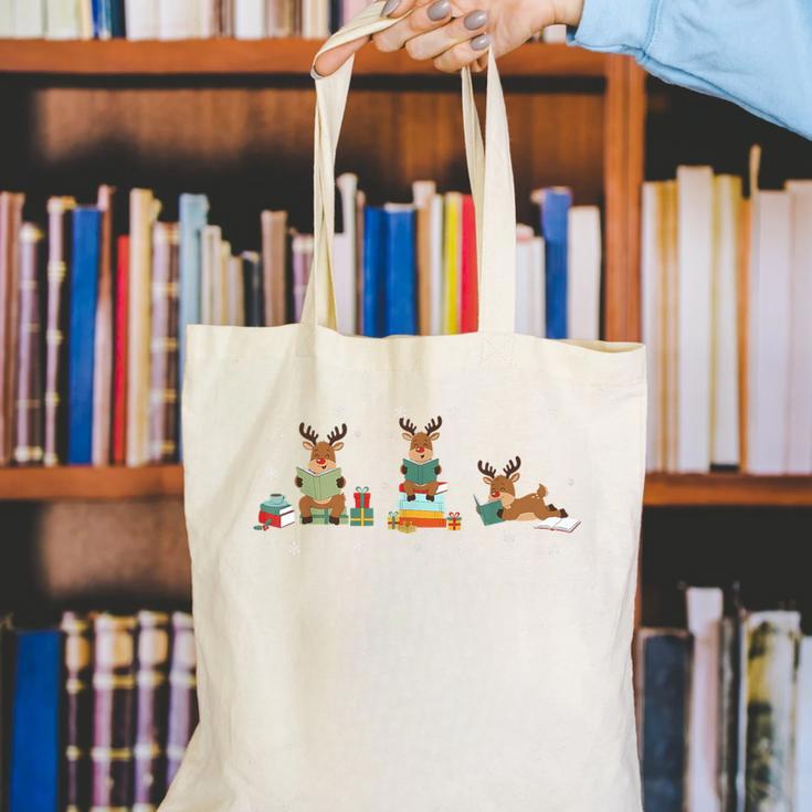 Reindeer Reading Books Christmas Library Classroom Canvas Tote Bag Reindeer Reading Books Christmas Library Classroom Canvas Tote Bag