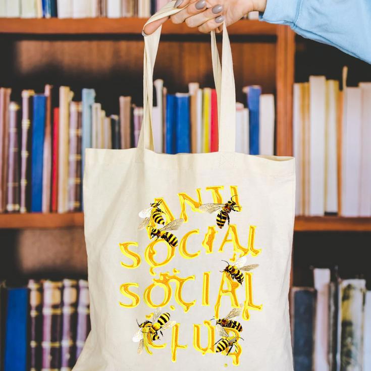 Retro Anti Social Club Bees Introvert Women Men Canvas Tote Bag