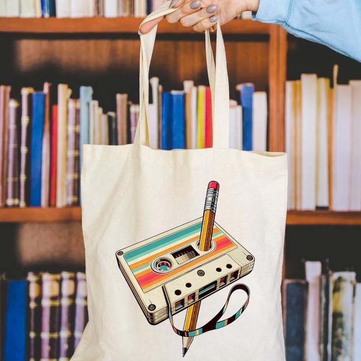 Retro Cassette Tape & Pencil Rewind Nostalgia Party 80s 90s Premium Canvas Tote Bag