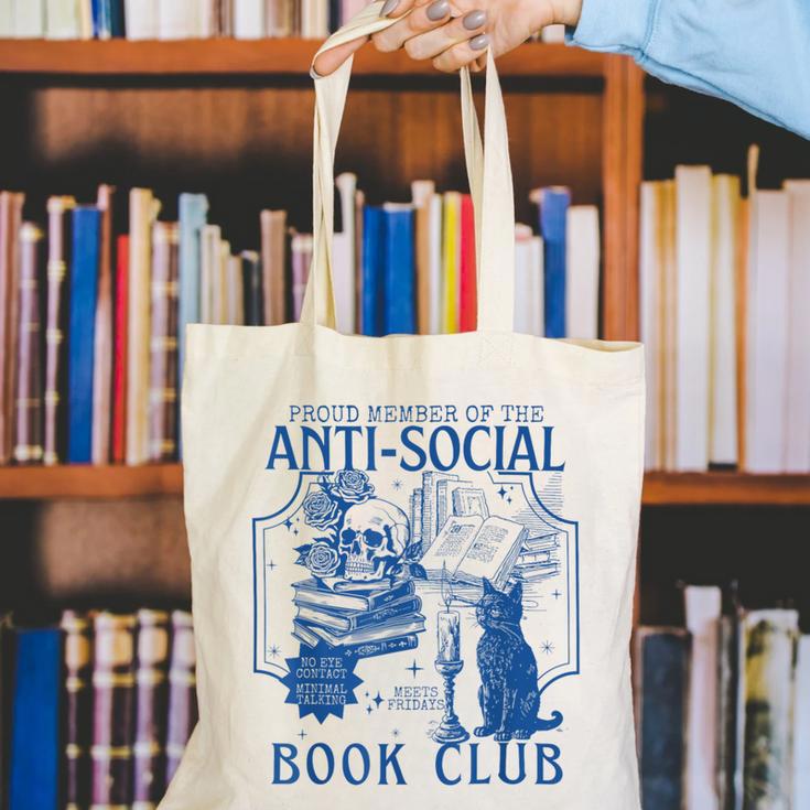 Sarcastic Anti Social Book Club Cat Skull Book Lover Canvas Tote Bag