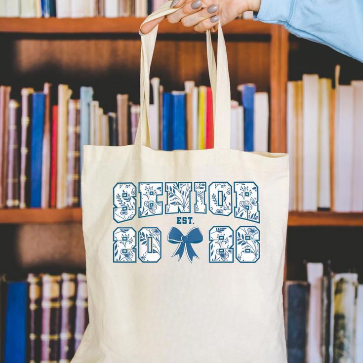 Senior 26 Graduation Class Of 2026 Bow Blue Toile Floral Canvas Tote Bag