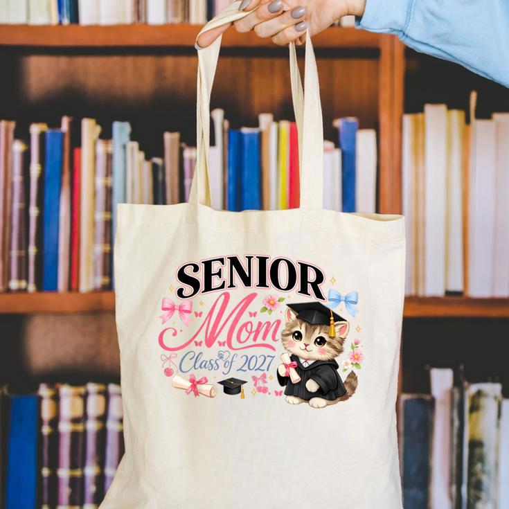 Senior Mom Class Of 2027 Cute Cat Graduation Pink Bows Girls Canvas Tote Bag