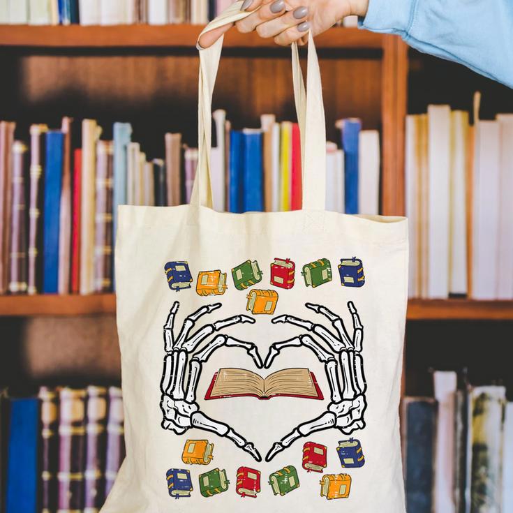 Skeleton Heart Read Reading Book Librarian Halloween Women Canvas Tote Bag