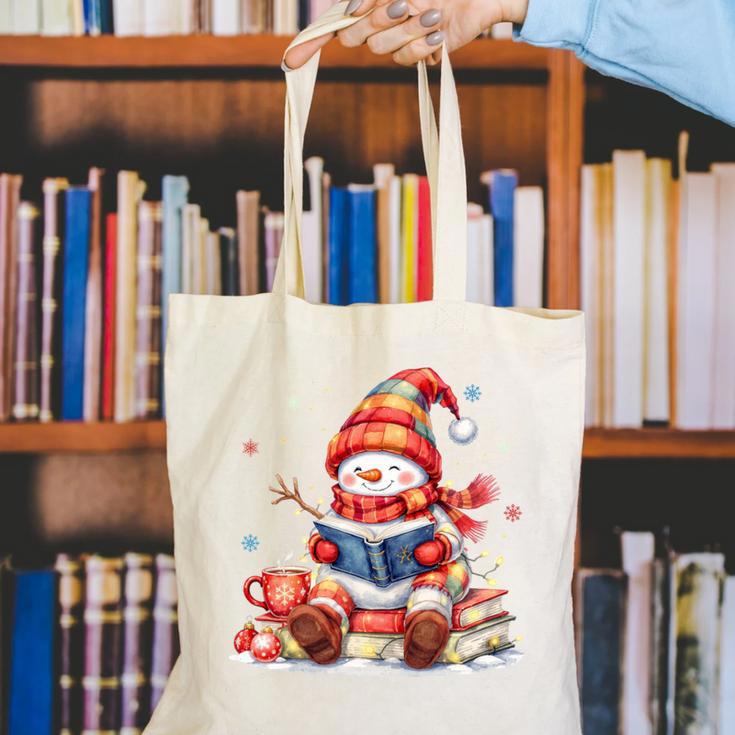 Snowman Reading Books Lovers Christmas Librarian Bookworm Canvas Tote Bag