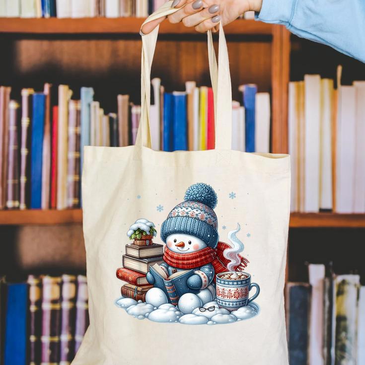 Snowman Reading Books Lovers Librarian Bookworm Christmas Canvas Tote Bag