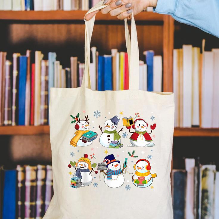 Snowman Reading Books Teacher Christmas Librarian Bookworm Canvas Tote Bag