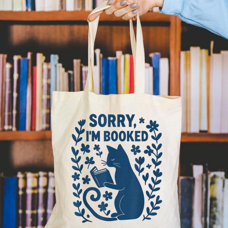 Sorry I'm Booked Cat Reading Book Boho Flowers Vintage Canvas Tote Bag