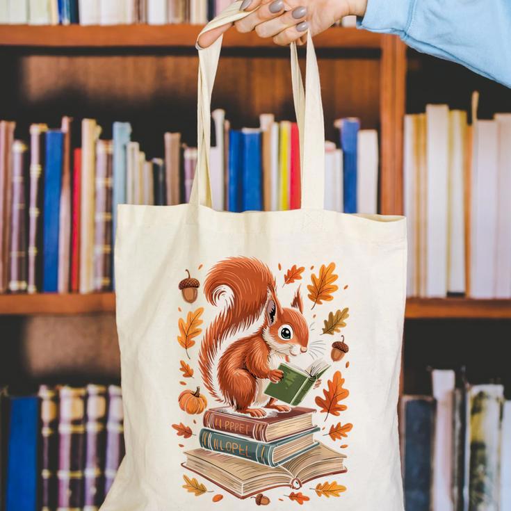 Squirrel Reading Book Lovers Fall Leaves Library Books Canvas Tote Bag