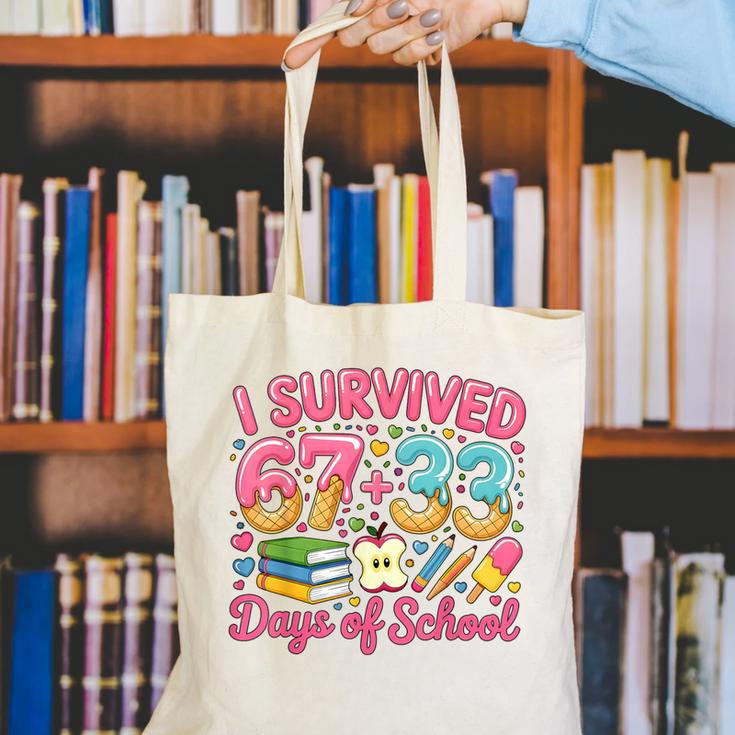 Survived 67 Days Of School Ice Cream Drip Apple Pencil Book Canvas Tote Bag