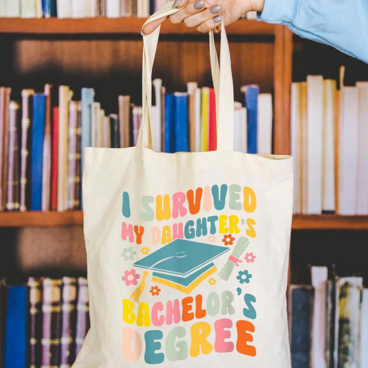 i Survived My Daughter's Bachelors Degree Groovy Graduation Canvas Tote Bag