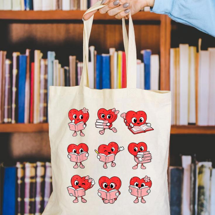 Teacher Valentines Day Reading Book Lover Bookworm Library Canvas Tote Bag