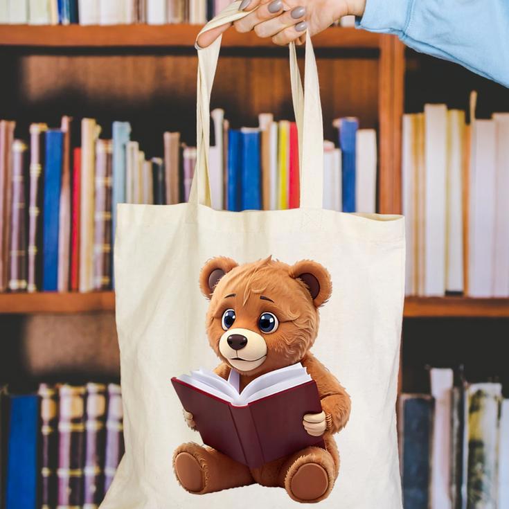 Teddy Bear Reading a Book Canvas Tote Bag