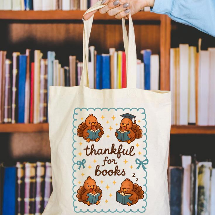 Thankful For Books Turkey Reading Book Lovers Fall Teacher Canvas Tote Bag