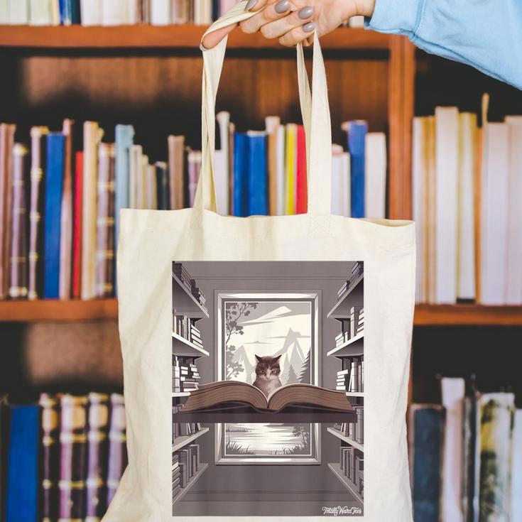 Totally Weird Tees Cat Library Book Reading Literary Canvas Tote Bag