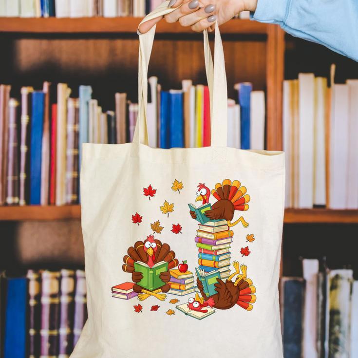Turkey Reading Books Fall Librarian Book Lover Teacher Kids Canvas Tote Bag