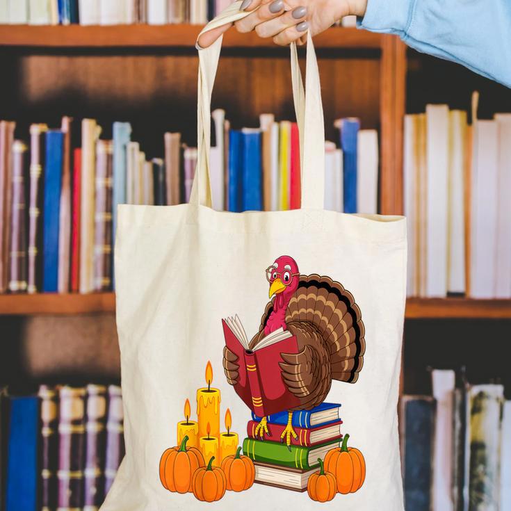 Turkey Reading Books Fall Thanksgiving Teacher Book Canvas Tote Bag