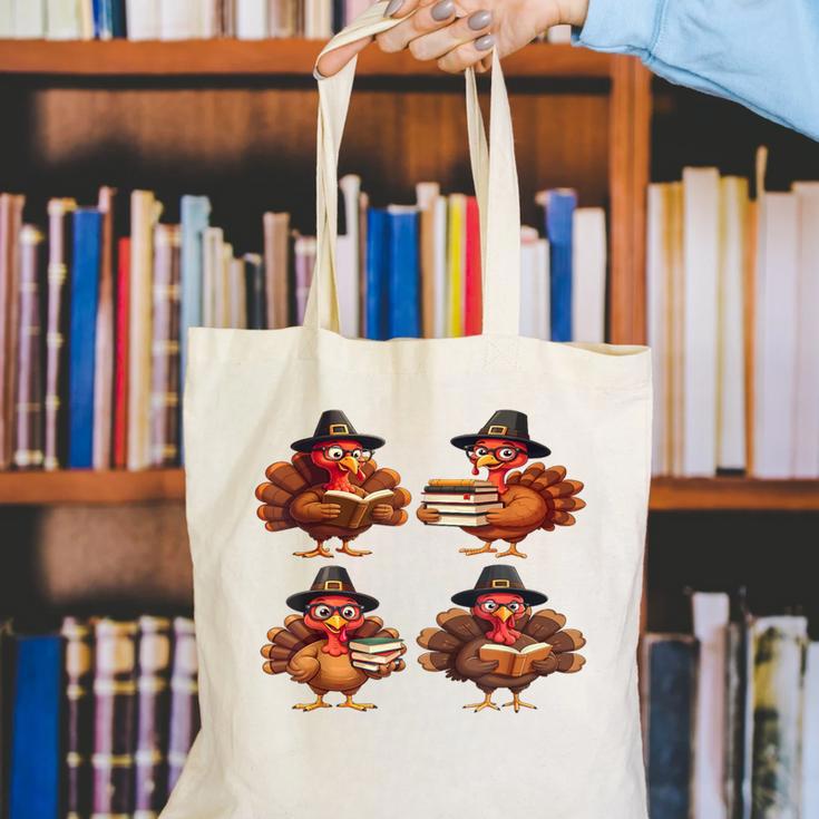 Turkey Reading Books Shirt Thanksgiving Turkey Bookworm Canvas Tote Bag