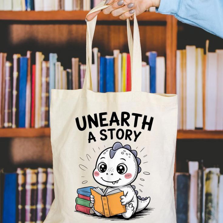 Unearth a Story Cute Dinosaur Summer Reading 2026 Dino Book Canvas Tote Bag