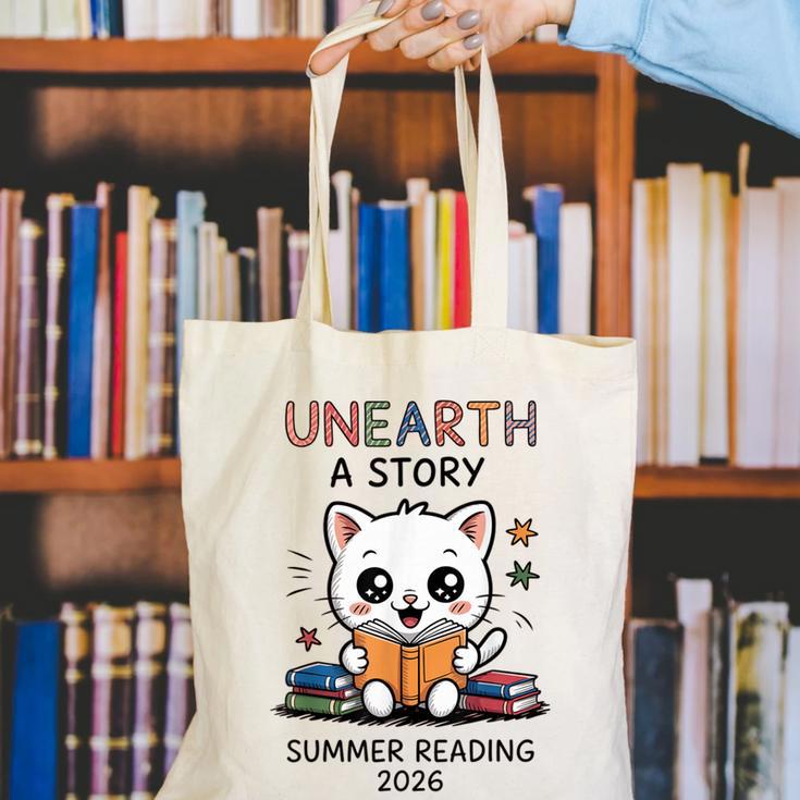 Unearth a Story Cute Kitten Summer Reading 2026 Cat Book Canvas Tote Bag Unearth a Story Cute Kitten Summer Reading 2026 Cat Book Canvas Tote Bag