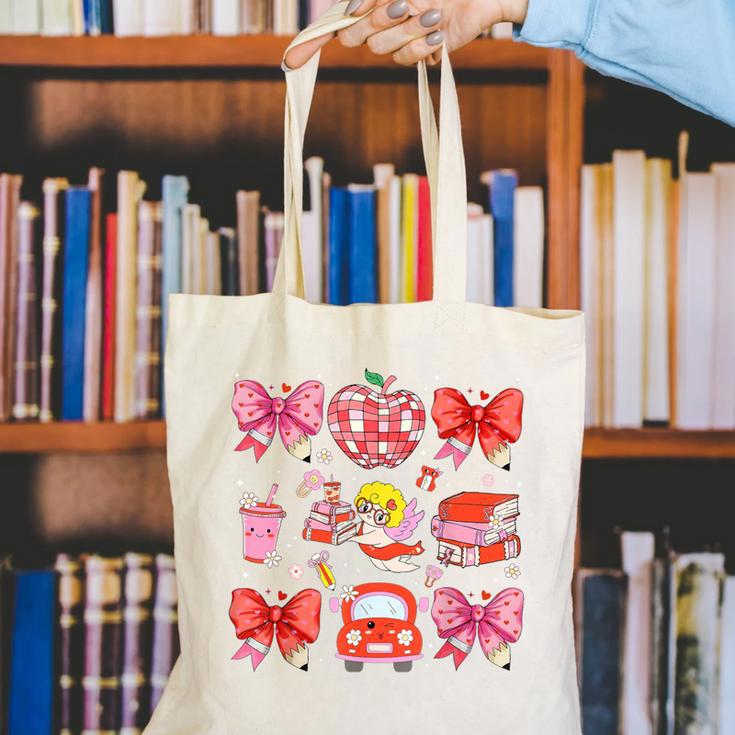 Valentine Cupid Coquette Pink Bow Apple Books Teacher Canvas Tote Bag