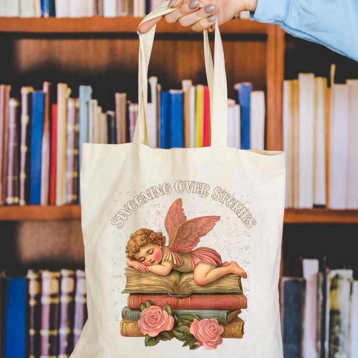 Valentine's Swooning Over Stories Cupid And Book Lover Tee Canvas Tote Bag