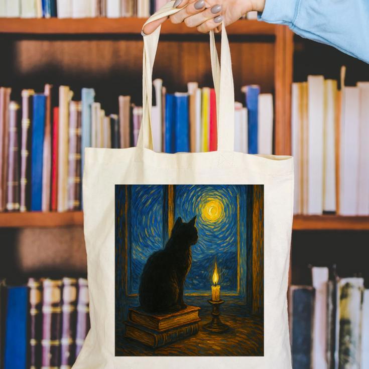 Van Gogh Starry Night Art Cat And Book Lovers Premium Tri-Blend Canvas Tote Bag