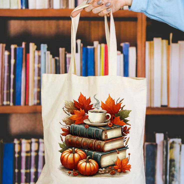 Vintage Autumn Books Coffee Pumpkin Fall Reading Canvas Tote Bag