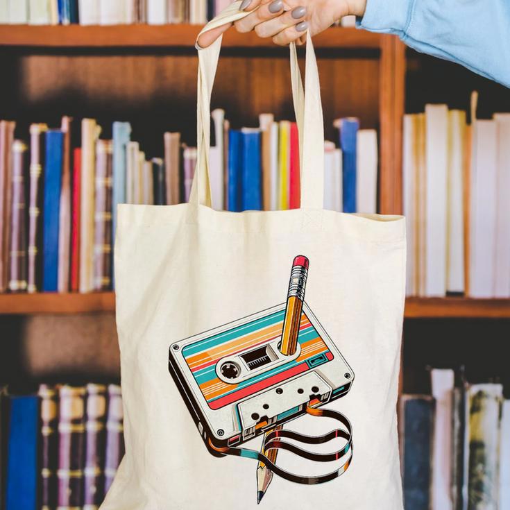Vintage Cassette Tape And Pencil Nostalgia Party 70s 80s 90s Premium Canvas Tote Bag