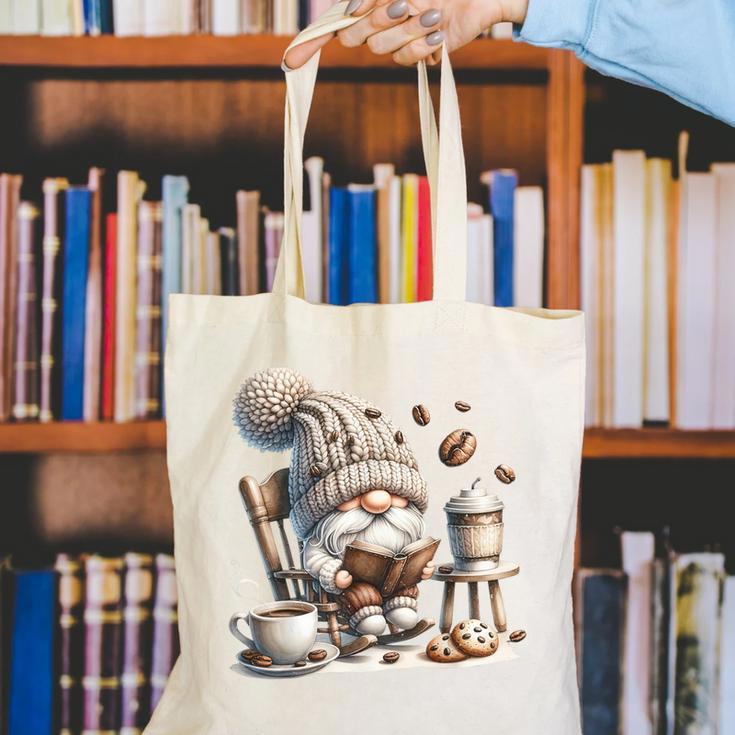 Vintage Cute Gnome Reading Book Coffee Cute Gnome Graphic Canvas Tote Bag