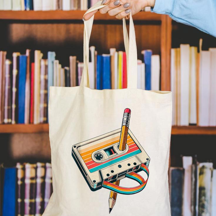 Vintage Pencil Rewind Cassette Tape Nostalgia Party 80s 90s Canvas Tote Bag Vintage Pencil Rewind Cassette Tape Nostalgia Party 80s 90s Canvas Tote Bag