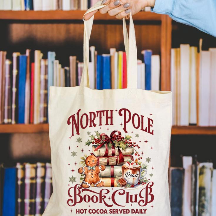 Vintage Retro North Pole Book Club Hot Cocoa Canvas Tote Bag