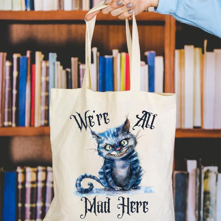 We'Re All Mad Here Cheshire Cat Alice Wonderland Book Kids Canvas Tote Bag