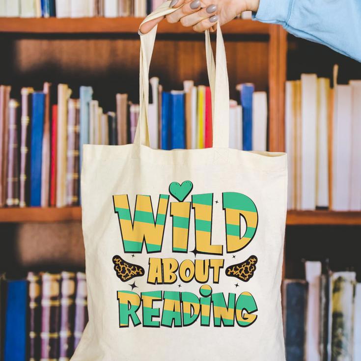 WILD ABOUT READING I Love Books Bookworm Library Day Canvas Tote Bag