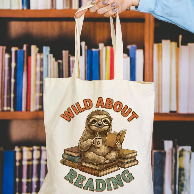 Wild About Reading Sloth Coffee Teacher Book Lover Canvas Tote Bag Wild About Reading Sloth Coffee Teacher Book Lover Canvas Tote Bag