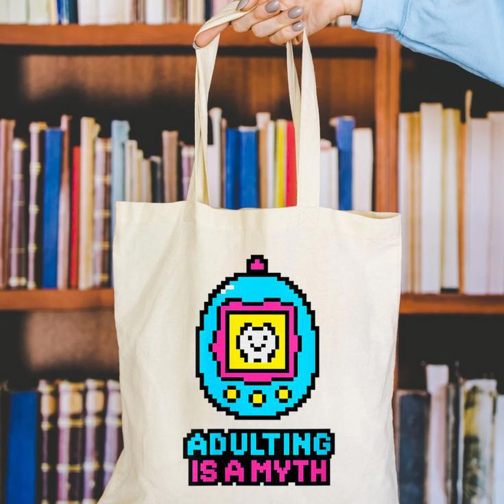 Women's Adulting Is A Myth Retro Pixel Pet Nostalgia Millennials Canvas Tote Bag