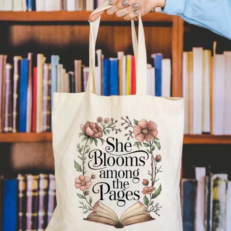 Women's She Blooms Among The Pages Women Mom Wife Floral Book Lover Canvas Tote Bag Women's She Blooms Among The Pages Women Mom Wife Floral Book Lover Canvas Tote Bag