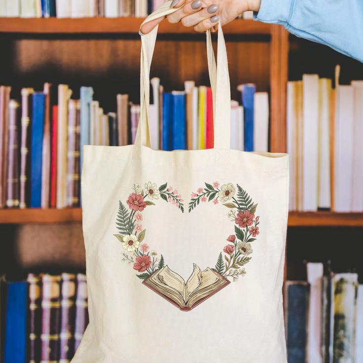 Women's Vintage Book Lover Valentine Heart Canvas Tote Bag
