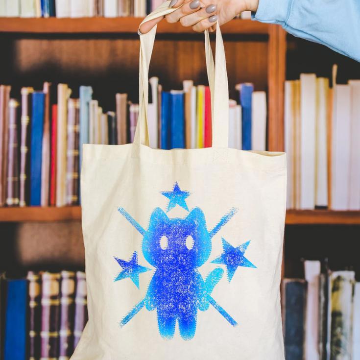 Yk2 Grunge Earthy Blue Cat With Stars Tomboy 90s Nostalgia Canvas Tote Bag