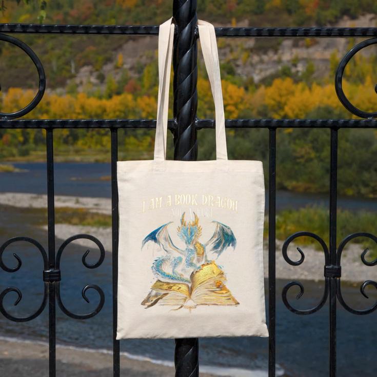 3 Bookish Quote I Am a Book Dragon Not a Worm Reading Book Canvas Tote Bag