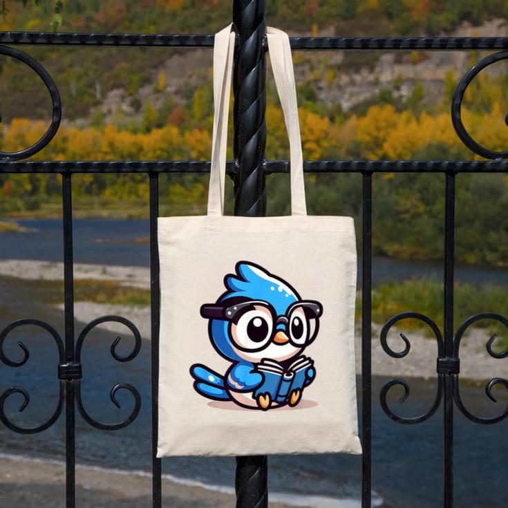 Adorable Book Lover Blue Jay With Reading Glasses Cute Canvas Tote Bag Adorable Book Lover Blue Jay With Reading Glasses Cute Canvas Tote Bag