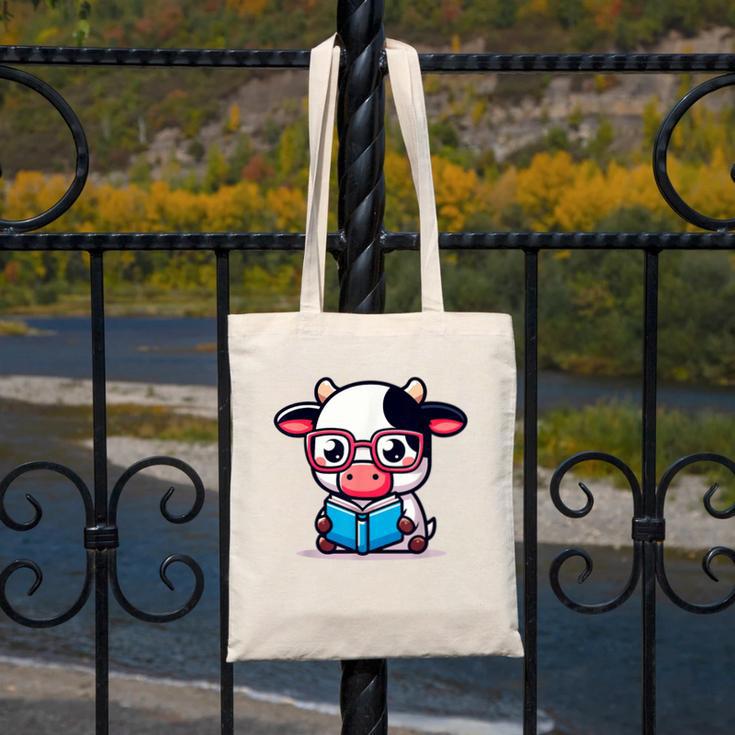 Adorable Book Lover Cow With Reading Glasses Cute Canvas Tote Bag