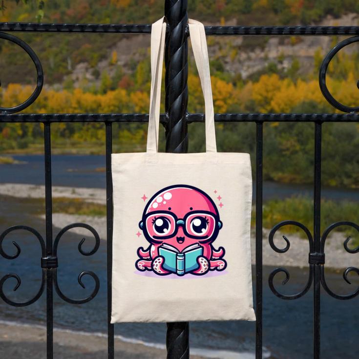 Adorable Book Lover Octopus With Reading Glasses Cute Canvas Tote Bag
