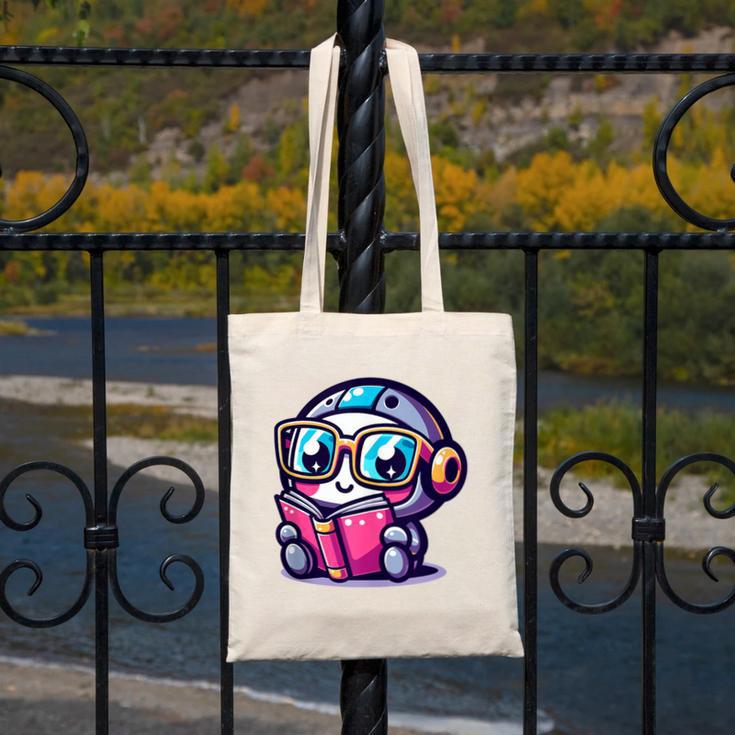 Adorable Book Lover Robot With Reading Glasses Cute Canvas Tote Bag