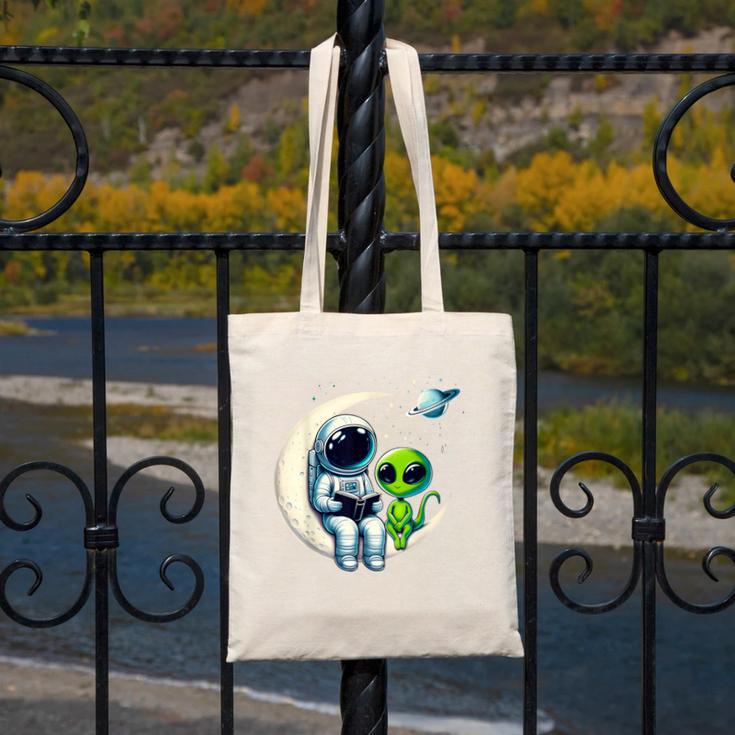 Astronaut Reading Book To Alien Shirt Moon Space Lover Kids Canvas Tote Bag