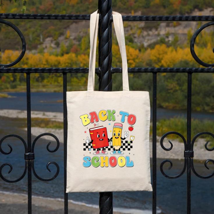Back To School Checkered Book Pencil Groovy Teacher Student Canvas Tote Bag