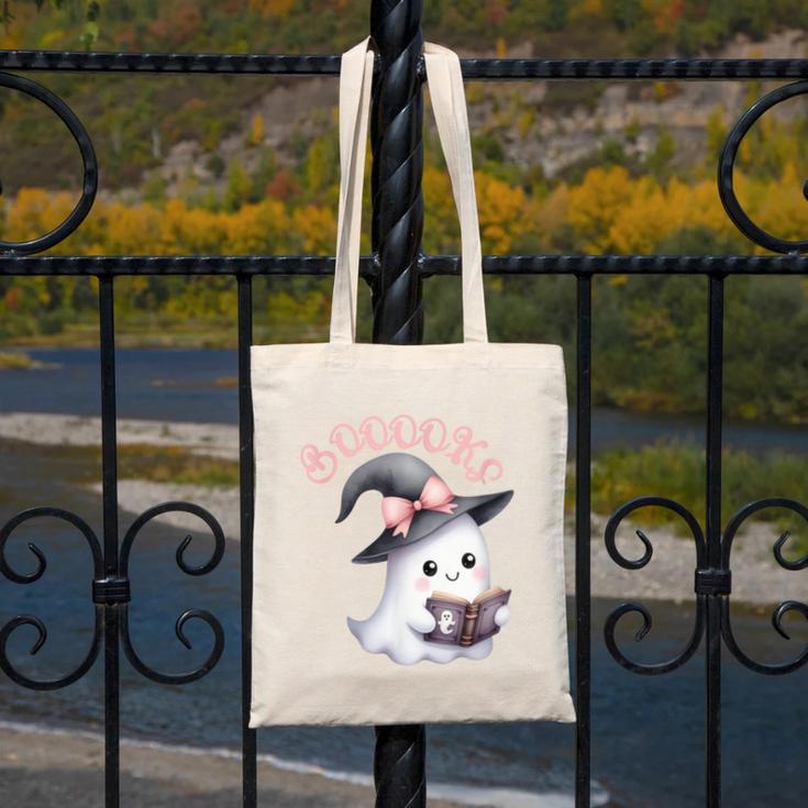 Boo Ghost Books Coquette Bow Halloween Women School Teacher Canvas Tote Bag