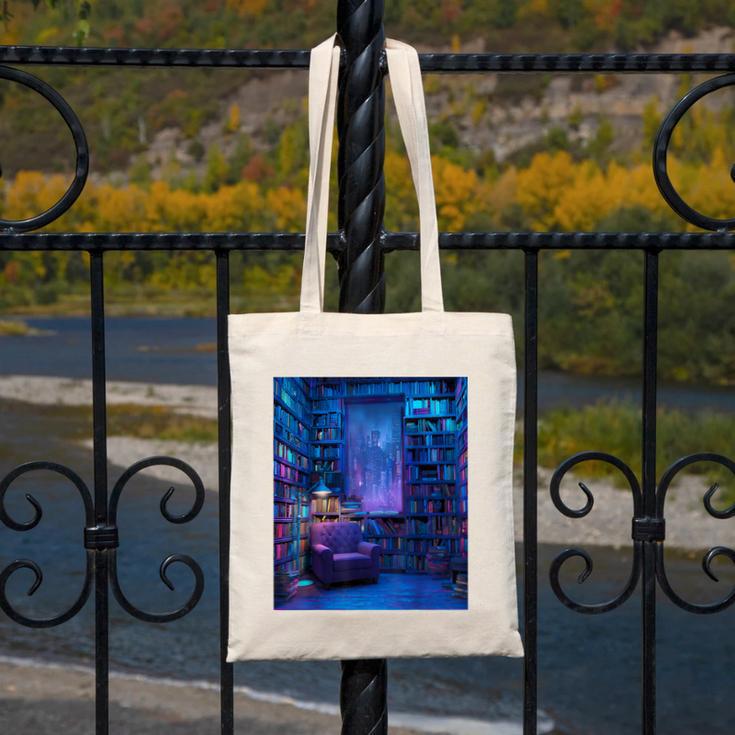 Book Library Bookshelf Armchair Window Pattern Print Canvas Tote Bag