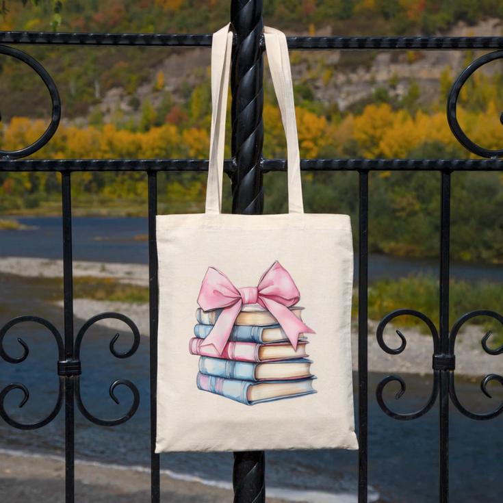 Book Lover Coquette Bow Pink Dainty Ribbon Cute Bookworm Canvas Tote Bag